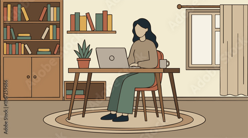 Woman working remotely on a laptop in a cozy minimalist home office