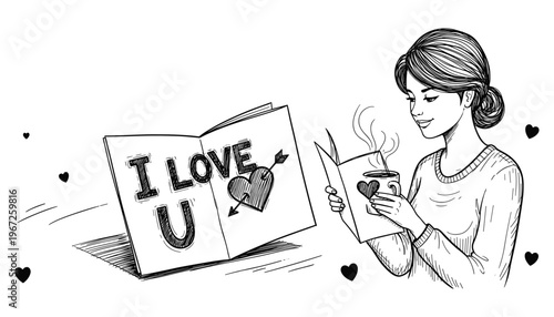 For My Amazing Mom I Love U Card – Mother's Day Hand-Drawn Vector Illustration of Mom Reading Greeting Card with Coffee and Hearts