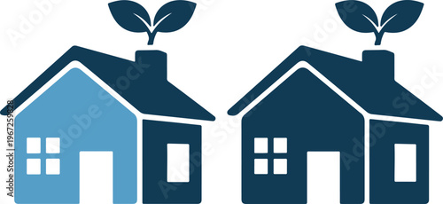 Two houses with plants growing from chimney