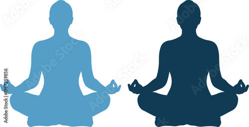 Two people meditating in lotus position in blue