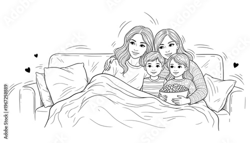 Mom and Kids Cozy Movie Night on Couch – Mother's Day Hand-Drawn Black and White Vector Illustration with Popcorn and Hearts