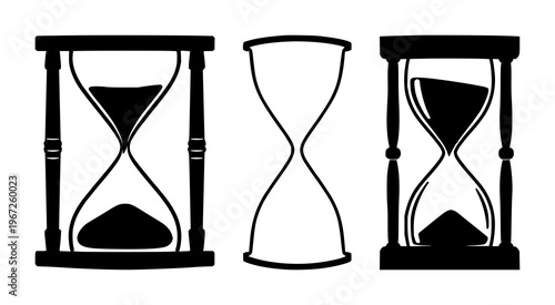 History hourglass icon set with solid black icon on white background featuring hourglass, time, history with black and white and iconography