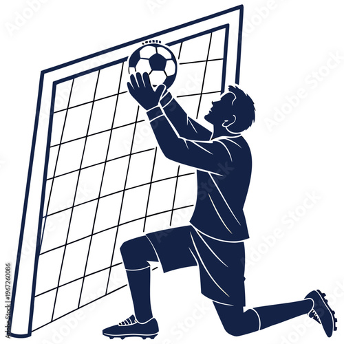 Silhouette of a goalkeeper kneeling in front of a goal net holding a soccer ball