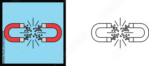 Magnets repelling each other with force and sparks. Colored and black and white outline vector illustrations representing physical force, polarity, and magnetism for science design.