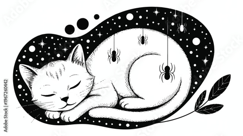 A black and white illustration of a sleeping cat surrounded by a starry night environment with insects and leaves.