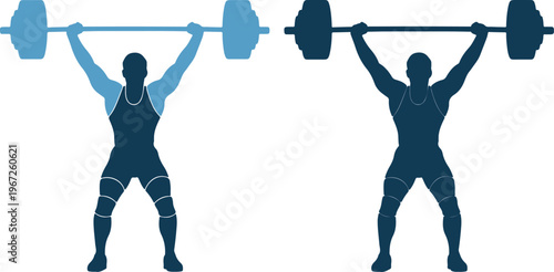 Weightlifter silhouettes in different poses with barbells overhead