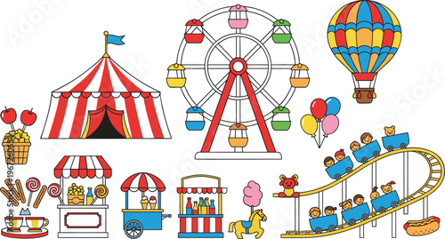 Flat cartoon style illustration set of amusement park elements including Ferris wheel circus tent hot air balloon and snacks.