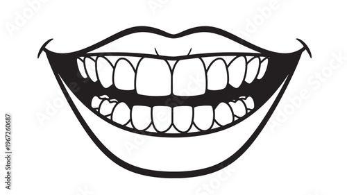 Mouth wide open with many white teeth and dark black outline showing a big smile, isolated on white background.