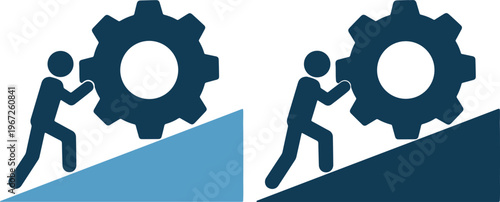 Two people pushing large gears up inclines in a business concept illustration