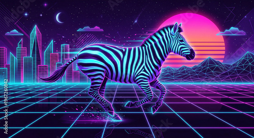 A stylized digital art piece of a zebra where the white stripes are replaced with glowing neon cyan and the black stripes are deep violet. The zebra is running through a futuristic retro-grid landsca