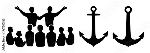 Crowdfunding group set with solid black icon silhouette on white background featuring crowd, giving, collective with charity and support