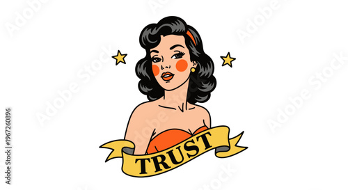 American Traditional Tattoo Style Pin Up Woman with Trust Banner and Stars