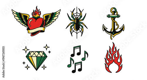 American Traditional Tattoo Icons Heart Spider Anchor Diamond Music Notes and Flames