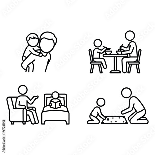 Parent and child daily routine care activities icon set family lifestyle vector