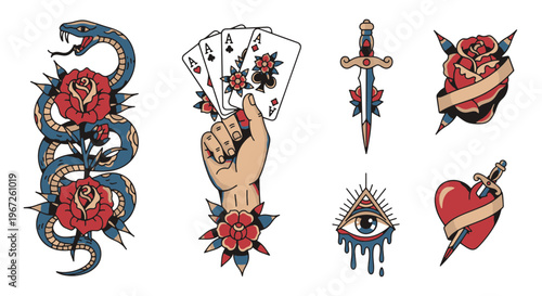 American Traditional Tattoo Designs Snake Roses Playing Cards Dagger Eye Heart