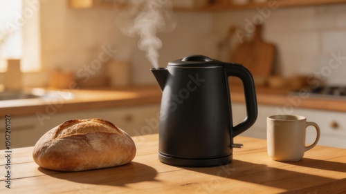 Morning Comfort: A modern electric kettle steaming invitingly on a wooden countertop, beside a freshly baked loaf of bread and a warm mug.
