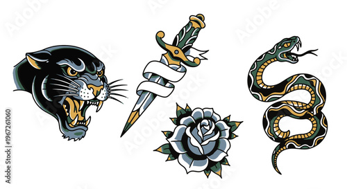 American Traditional Tattoo Panther Dagger Snake Rose Vector Art