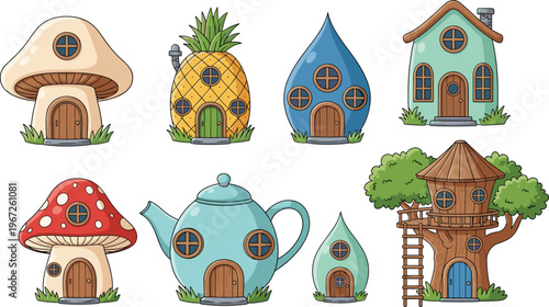 Charming collection of whimsical fantasy fairy houses including mushroom, pineapple, teapot, and treehouse illustrations for magical forest vector design concepts.