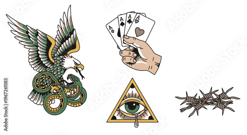 American Traditional Tattoo Eagle Snake Eye Cards Barbed Wire