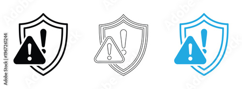 stylized shields representing security concepts protection verification and warning. Warning shield icons set in black, white and blue for safety and protection concepts Vector illustration.