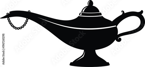 Elegant Black Silhouette of a Magic Genie Lamp with Decorative Beaded Chain Isolated on White Background for Mystical Concept Vector