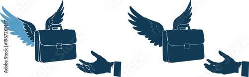 Business briefcases with wings and hands on exchanging documents