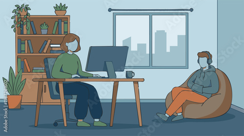 People working and relaxing in a contemporary home office environment