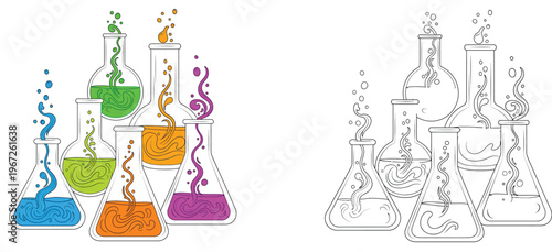 Chemistry laboratory flasks with colorful bubbling liquids and chemical reactions. Color and black and white outline vector illustrations for science, research, and education.