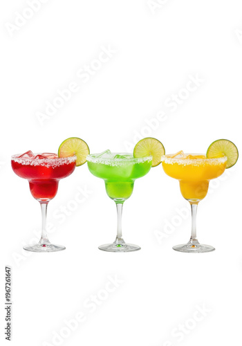 Vibrant strawberry, lime, and mango margarita cocktails in frosted glasses with salt rims against a white background. Concept for beverage advertising
