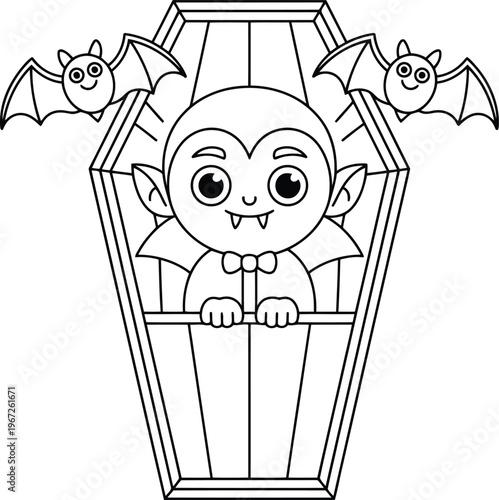 A cartoon vampire in a coffin with bats
