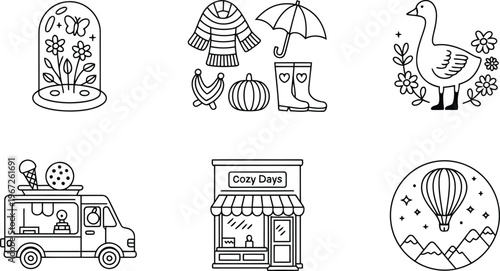 A set of black and white drawings for a kids coloring book
