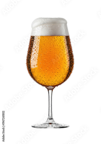 A premium goblet-style glass of vibrant golden amber beer, dense overflowing foam, and heavy condensation, against a transparent studio background, concept for beverage advertising