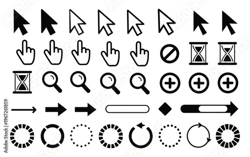 cursor and pointer doodle icons, hand drawn line arrows and hand symbols for web ui software interface, click mouse actions loading move resize controls vector illustration set.