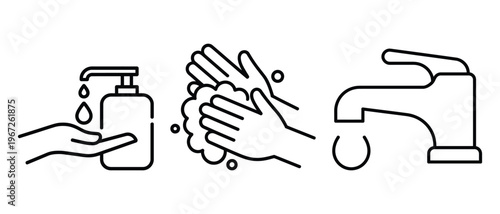 Wash hands hygiene sanitation steps vector outline icon set with soap and water faucet.