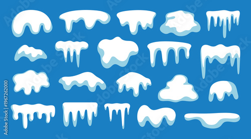 Winter snow caps, melting icicles and frost snowdrifts flat vector illustration set.
