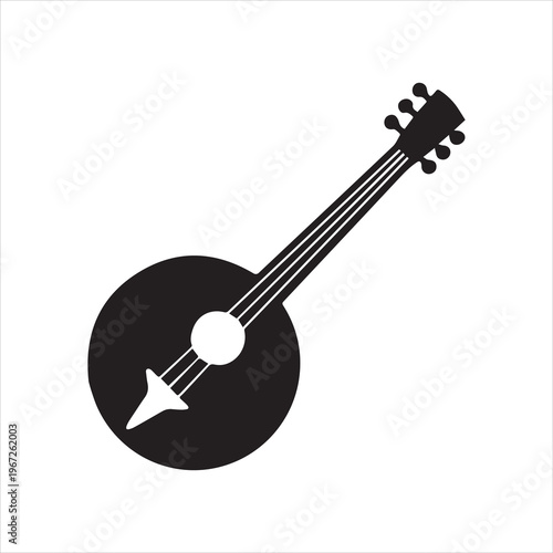  Stylized Banjo Musical Instrument Minimalist Icon, Four Strings, Circular Body, Guitar Neck, Folk Music