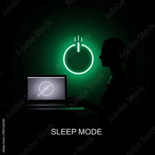 Sleep Mode Woman Using Laptop in Dark Room.