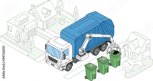 Isometric Illustration of a Modern Garbage Truck with Robotic Arm Collecting Waste Bins in a Suburban Residential Neighborhood