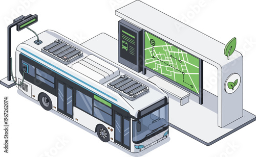 Isometric Illustration of Electric Bus Charging at Smart City Bus Stop with Digital Map and Eco-Friendly Icons. Sustainable Green Urban Public Transportation Concept.