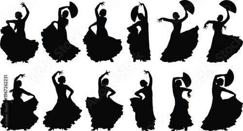 Flamenco Dancer Silhouettes Set with Traditional Spanish Dresses and Fans for Cultural Performance, Festival, and Elegant Artistic Vector Graphic Design