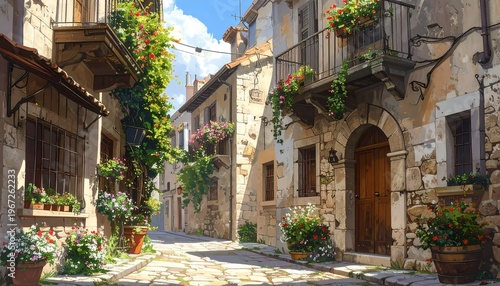 A serene, sunlit cobblestone street lined with old stone buildings and vibrant flowers