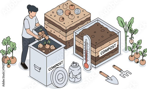 Isometric Illustration of a Woman Composting Kitchen Waste in a Garden Bin. Sustainable Living, Organic Soil Production, and Eco-Friendly Gardening Concept.