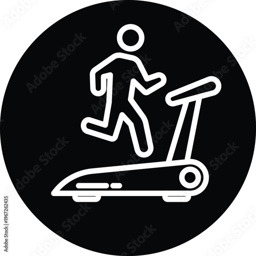 Treadmill icon white line art on black circle background vector