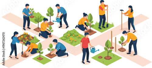 Isometric People Planting Trees and Gardening for Environmental Sustainability. Community Volunteers Working Together for Reforestation and Eco-friendly City Concept.