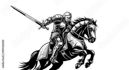 Medieval Knight Riding Horseback with Sword.