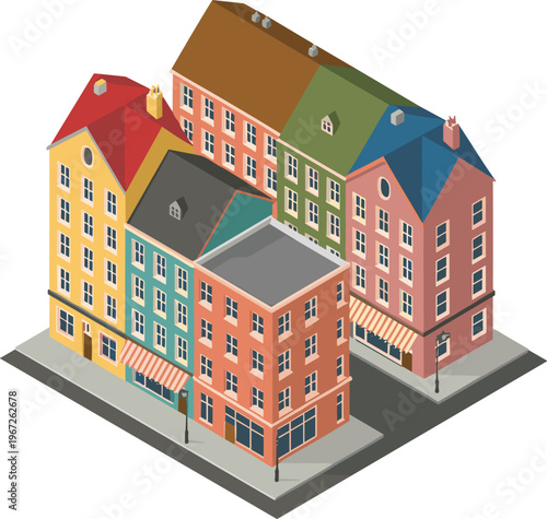 Colorful isometric urban block with mixed residential and commercial buildings, cozy city neighborhood architecture, stylized apartments and street shops