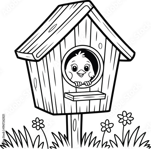 A cartoon bird looks out of a wooden birdhouse