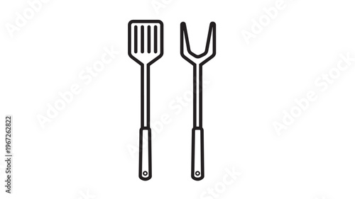 Spatula and fork barbecue grill tools set with simple line art illustration, perfect for cooking and food preparation designs.