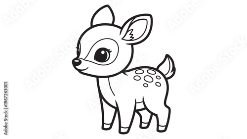 Deer fawn illustration with large expressive eyes and a cute spotted coat in a simple cartoon outline style