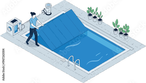 Isometric Vector Illustration of a Person Closing an Automatic Slatted Pool Cover for Maintenance and Safety